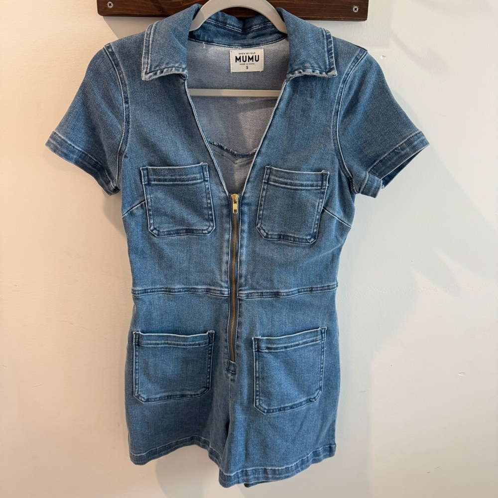 Show Me Your MuMu Blue Denim Short-Sleeve Romper with Front Zip